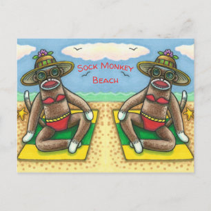 SOCK MONKEY RED BIKINI, AT THE BEACH CARTOON Funny Postcard
