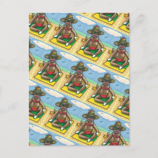 SOCK MONKEY RED BIKINI, AT THE BEACH CARTOON Funny Postcard (Front)