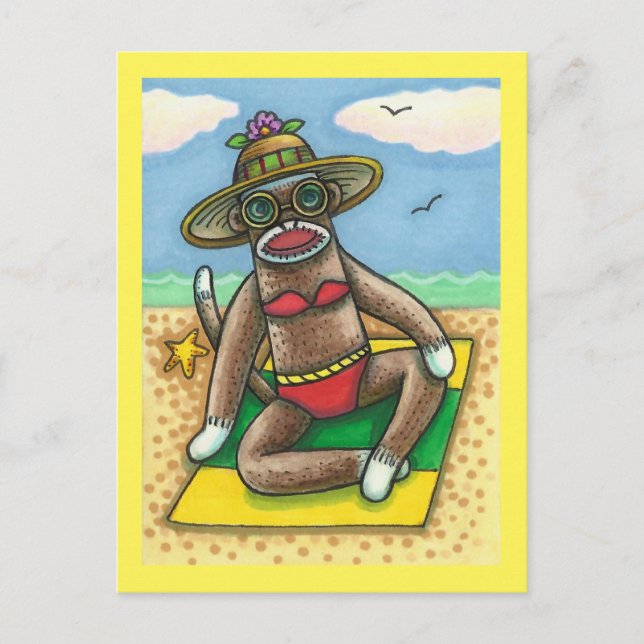 SOCK MONKEY RED BIKINI, AT THE BEACH CARTOON Funny Postcard (Front)
