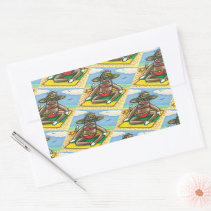 SOCK MONKEY RED BIKINI, AT THE BEACH CARTOON Funny Rectangular Sticker