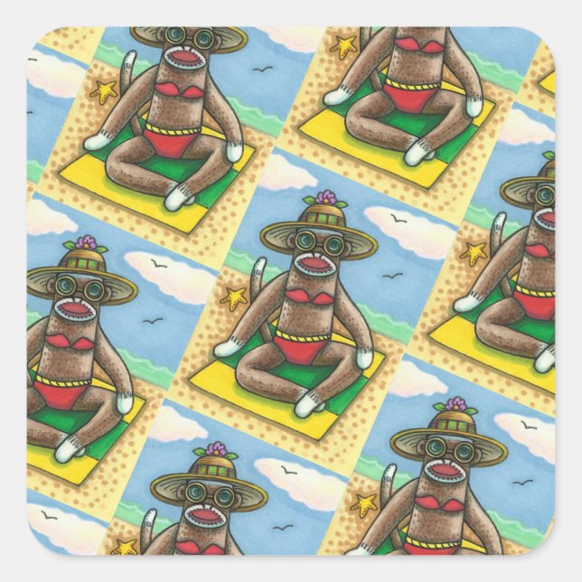 SOCK MONKEY RED BIKINI, AT THE BEACH CARTOON Funny Square Sticker (Front)
