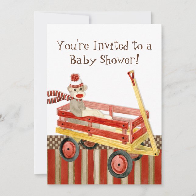 Sock Monkey, Red Wagon, Boy Baby Shower Invitation (Front)