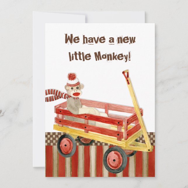 Sock Monkey, Red Wagon, Boy Birth Announcement (Front)