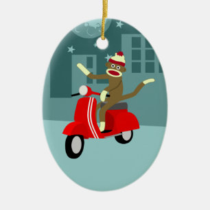 Sock Monkey Scooter Ceramic Tree Decoration