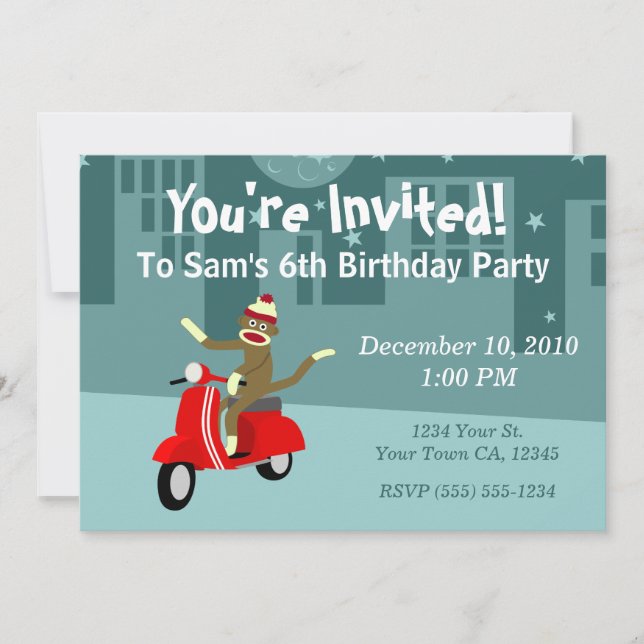 Sock Monkey Scooter Invitation (Front)