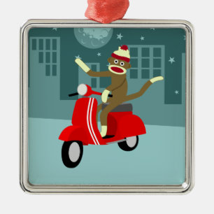 Sock Monkey Scooter Metal Tree Decoration