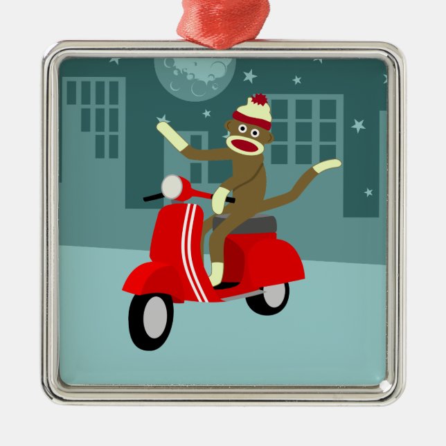 Sock Monkey Scooter Metal Tree Decoration (Front)