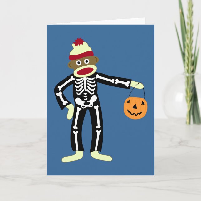 Sock Monkey Skeleton Halloween Card (Front)
