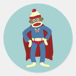 Sock Monkey Superhero Classic Round Sticker