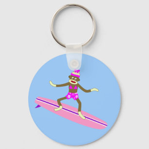 Sock Monkey Surfer Girl Key Ring