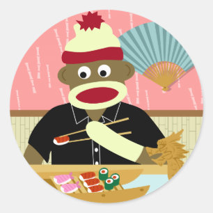 Sock Monkey Sushi Classic Round Sticker
