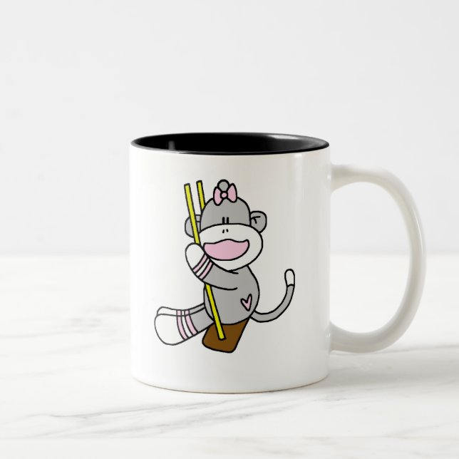 Sock Monkey Swinging Two-Tone Coffee Mug (Right)