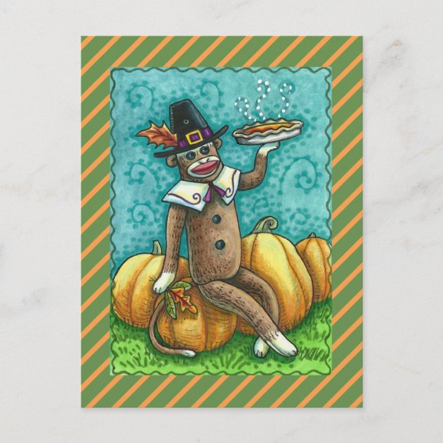 SOCK MONKEY THANKSGIVING AND PUMPKIN PIE HOLIDAY POSTCARD (Front)