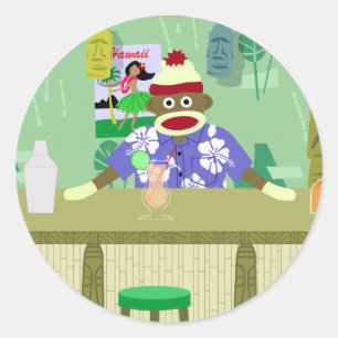 Sock Monkey Tiki Bar Classic Round Sticker