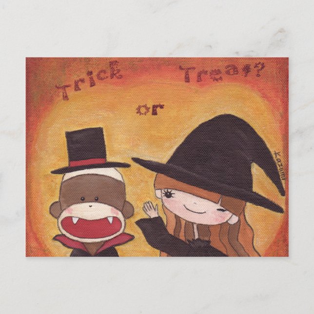 Sock Monkey Trick or Treat? Postcard (Front)