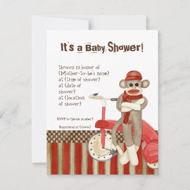 Sock Monkey, Tricycle, Boy Baby Shower Invitation (Front)