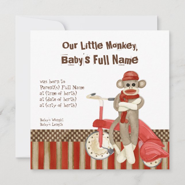 Sock Monkey, Tricycle, Boy Birth Announcement (Front)