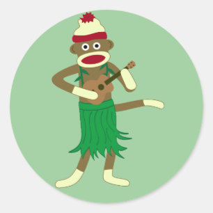 Sock Monkey Ukulele Classic Round Sticker