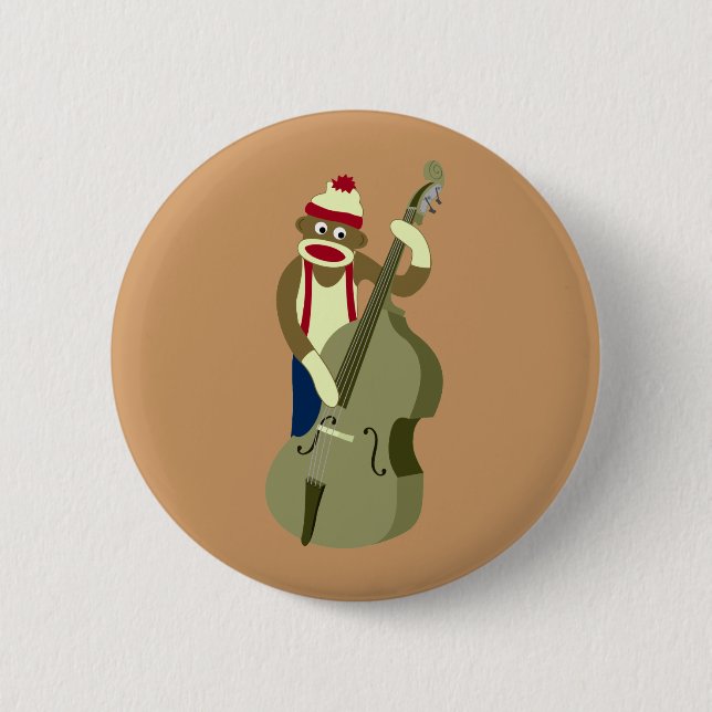 Sock Monkey Upright Bass Player 6 Cm Round Badge (Front)