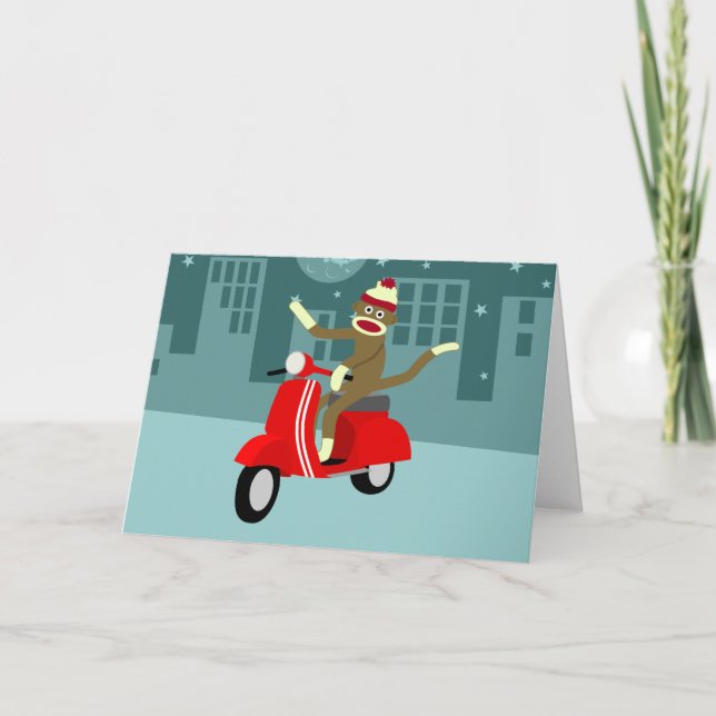 Sock Monkey Vespa Scooter Card (Front)