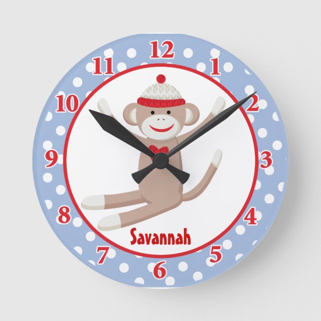 Sock Monkey Wall Clock (Blue) Add a Name (Front)