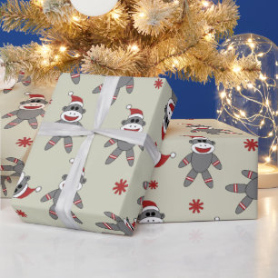 Sock Monkey With Santa Hat Christmas Holidays Wrap Wrapping Paper