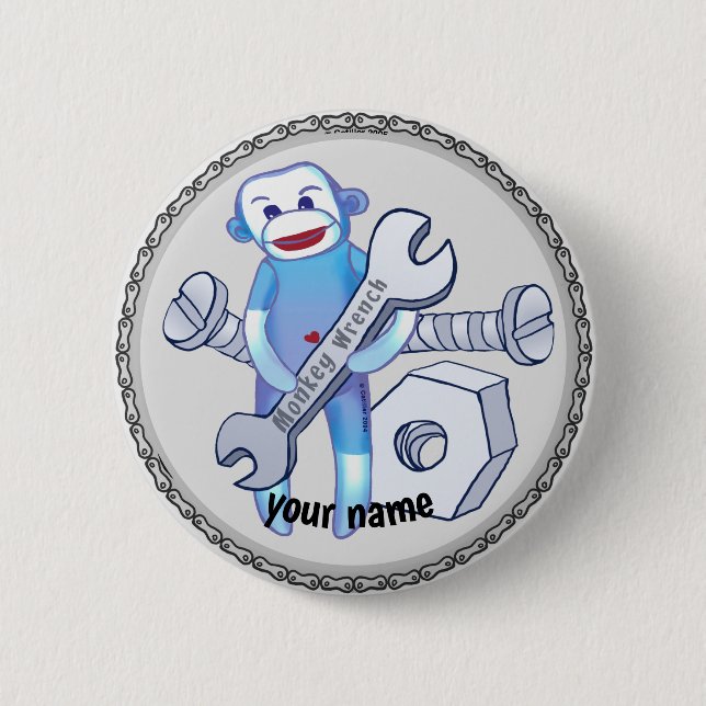 Sock Monkey Wrench mechanic pin button, (Front)