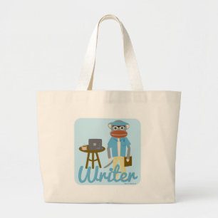 Sock Monkey Writer Cartoon Art Fun Style Large Tote Bag