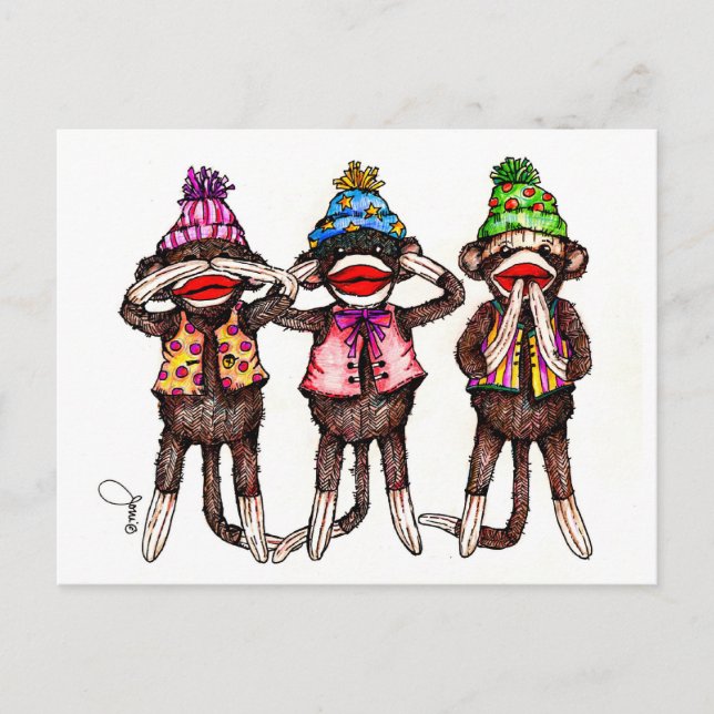 Sock Monkeys-See, Hear, Speak No Evil Postcard (Front)
