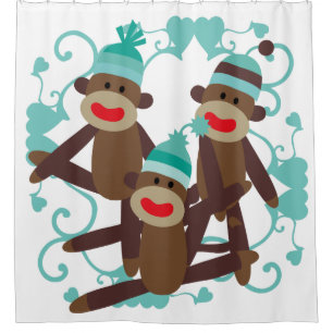 Sock Monkeys With Blue Hearts Shower Curtain