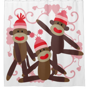 Sock Monkeys With Pink Hearts Shower Curtain