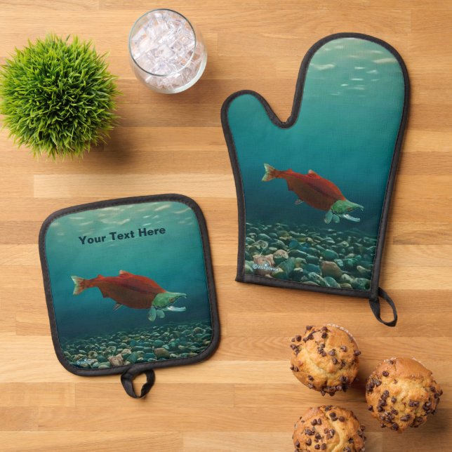 Sockeye Salmon Oven Mitt & Pot Holder Set (Top Down)
