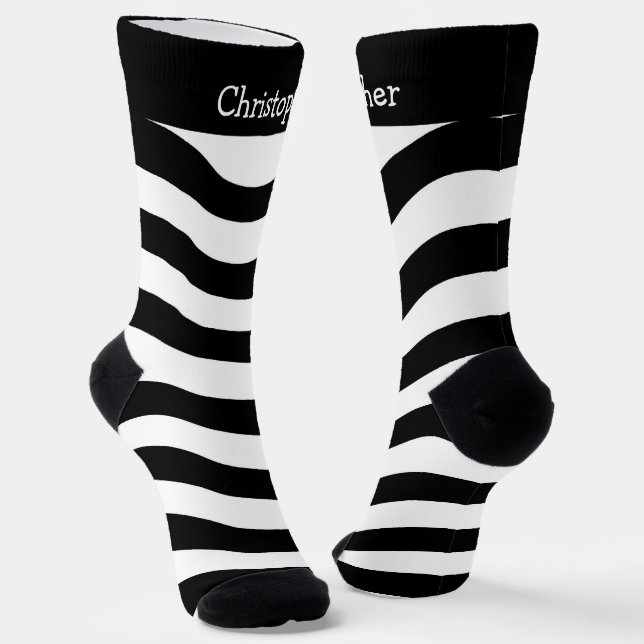 Socks Black And White Wavy Stripes Design (Angled)