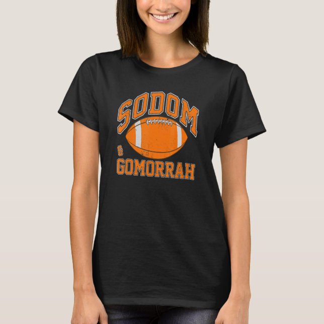 Sodom & Gomorrah Mock Athletic Distressed Football T-Shirt (Front)