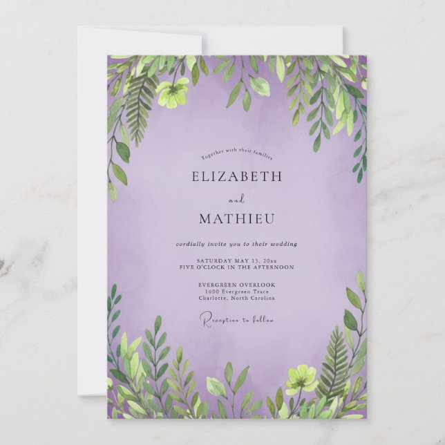 Soft Amethyst Leafy Wedding Invitation (Front)