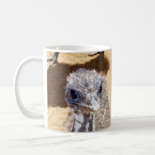 "Soft and Curious: A Fuzzy Baby Emu Up Close" Coffee Mug (Left)