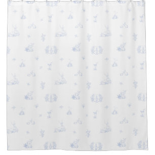 Soft and Faded Woodland Blue White Toile Shower Curtain