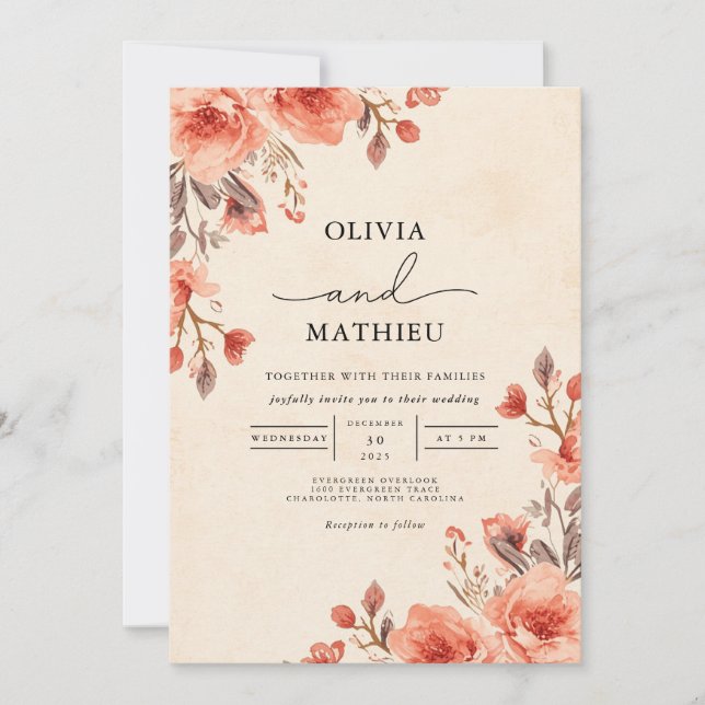 Soft Apricot Floral Romance Wedding Invitation (Front)