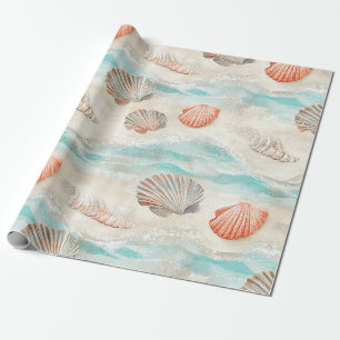 Soft Aqua and Coral Seashells with Starfish Detail Wrapping Paper