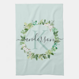 SOFT AQUA BLUE WREATH FOLIAGE WATERCOLOR MONOGRAM TEA TOWEL