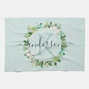 SOFT AQUA BLUE WREATH FOLIAGE WATERCOLOR MONOGRAM TEA TOWEL