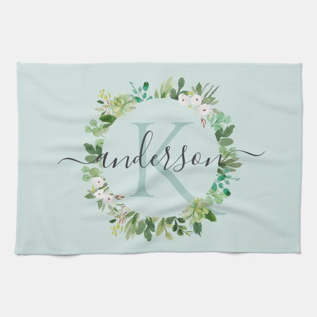 SOFT AQUA BLUE WREATH FOLIAGE WATERCOLOR MONOGRAM TEA TOWEL (Horizontal)