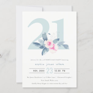 SOFT AQUA BLUSH BLUE FLORAL 21ST ANY AGE BIRTHDAY INVITATION