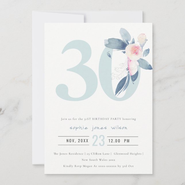 SOFT AQUA BLUSH BLUE FLORAL 30TH ANY AGE BIRTHDAY INVITATION (Front)