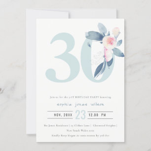 SOFT AQUA BLUSH BLUE FLORAL 30TH ANY AGE BIRTHDAY INVITATION
