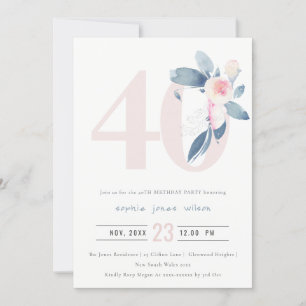 SOFT AQUA BLUSH BLUE FLORAL 40TH ANY AGE BIRTHDAY INVITATION