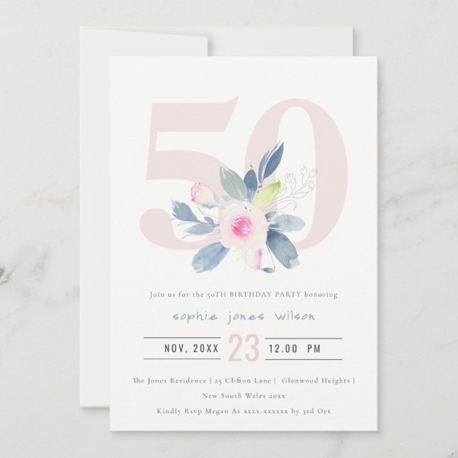 SOFT AQUA BLUSH BLUE FLORAL 50TH ANY AGE BIRTHDAY INVITATION (Front)