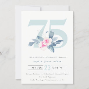SOFT AQUA BLUSH BLUE FLORAL 75TH ANY AGE BIRTHDAY INVITATION