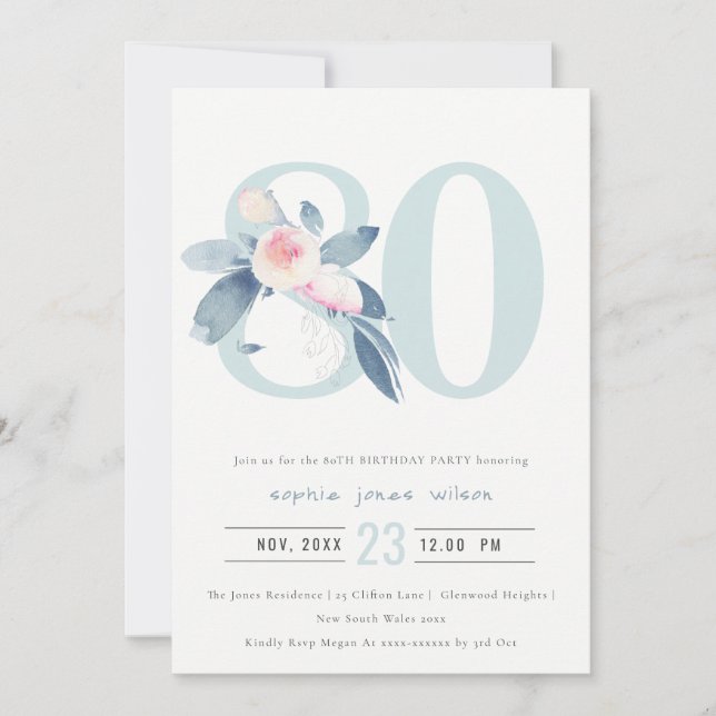 SOFT AQUA BLUSH BLUE FLORAL 80TH ANY AGE BIRTHDAY INVITATION (Front)