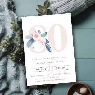 SOFT AQUA BLUSH BLUE FLORAL 80TH ANY AGE BIRTHDAY INVITATION